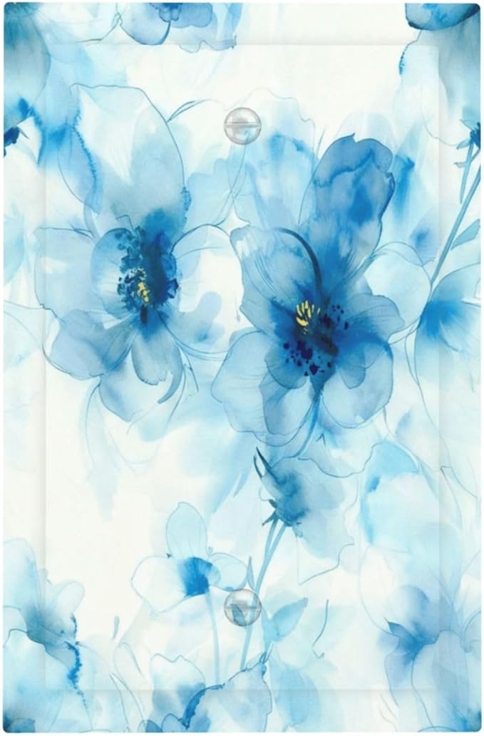 Watercolor Flower Blue White Large Floral Leaf Plants Light Switch Cover Plate 1 Gang No Device Blank Electrical Wall Plates Faceplate Decorative Switch Plate Covers for Bedroom Living Room Decor