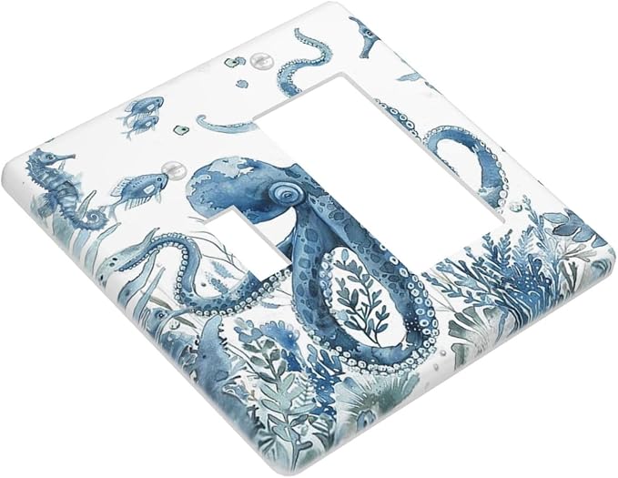 Blue Octopus Squid Seahorse Coral Watercolor Wild Sealife Outlet Covers 1 Toggle 1 Rocker Combination Decorative Wall Plate Electrical Switch Plates Light Switch Cover Plate for Bathroom Kids Room