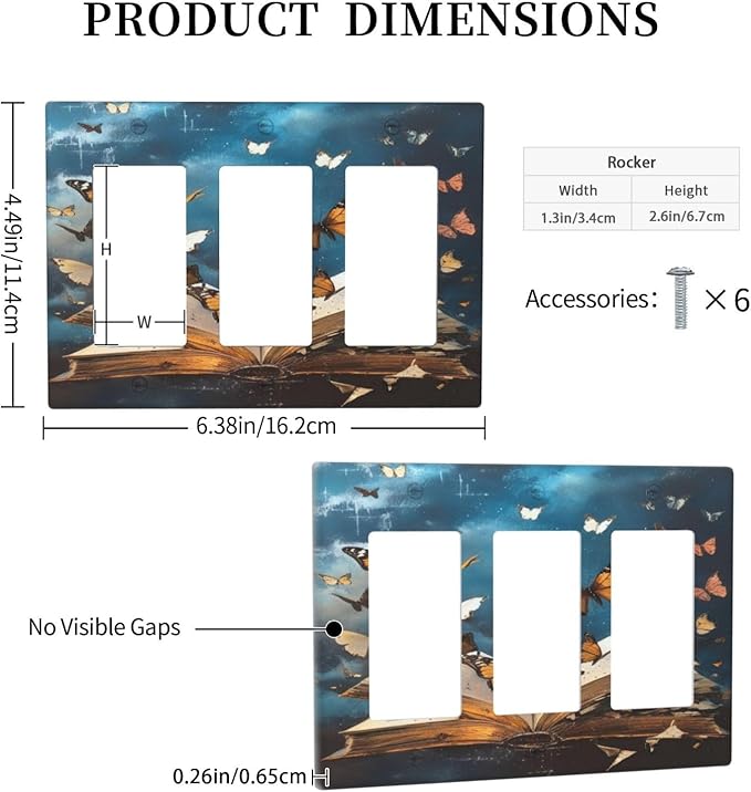 Decorative Art Light Switch Covers Butterflies from the Book 3 Gang Triple Rocker Outlet Switch plate GFCI Faceplate GFCI for Home Decor