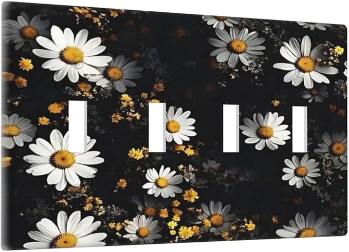 White Black Daisy Wildflower Modern Chrysanthemum Light Switch Covers Quad Toggle Electrical Faceplate 4 Gang Wall Plate Decorative Switch Plates Cover for Bedroom Farmhouse Decor