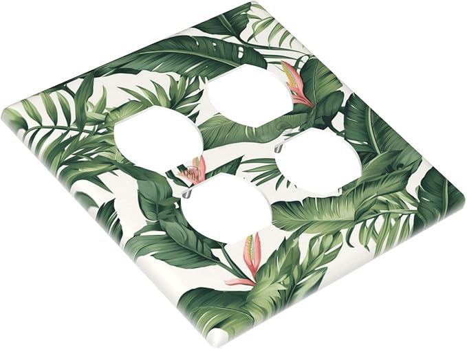 Tropical Leaf Jungle Botanical Palm Tree Greenery Floral Outlet Covers 2 Gang Double Duplex Decorative Light Switch Covers Electrical Wallplates Socket Faceplate for Bedroom Living Room Decor