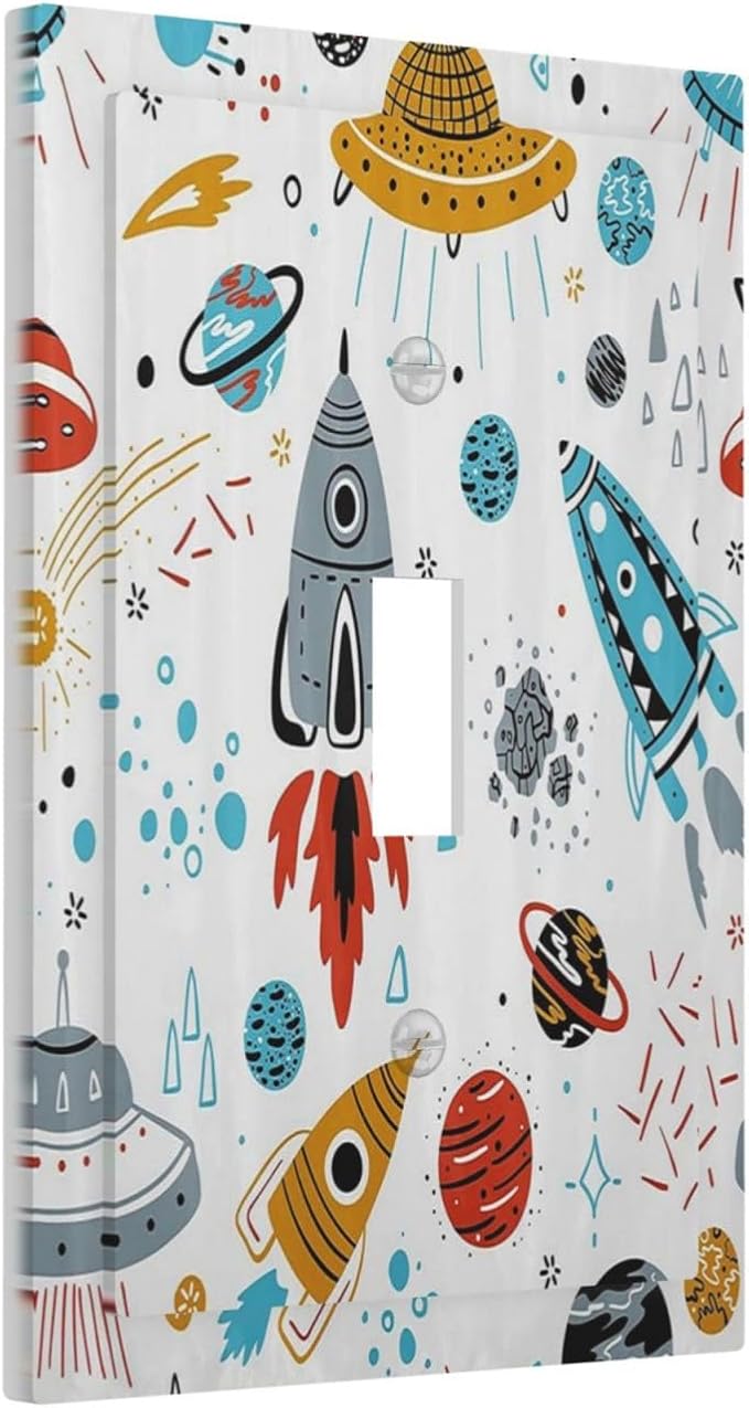 Cartoon Space Rocket Boys Universe Planet 1 Gang Light Switch Covers Decorative Unique Single Toggle Wall Plate Switchcover Electrical Switchplate for Nursery Kidroom Bathroom Bedroom Decor