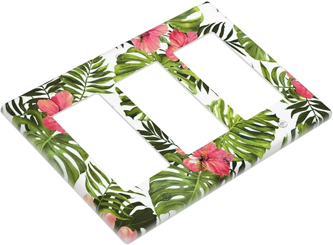 Tropical Plant Green Palm Light Switch Cover Triple Rocker Decorative 3 Gang Switches Plates and Outlet Covers Banana Leaves Pink Flower Rainfores Jungle Botanical Switchplate Wallplate