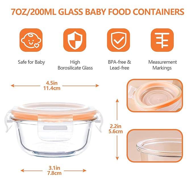 Luvan 7oz Glass Baby Food Containers, 12 Pack with Leakproof Lids, Stackable, Freezer Safe, Baby Bullet Containers for Fruit Purees and Vegetable Mashes