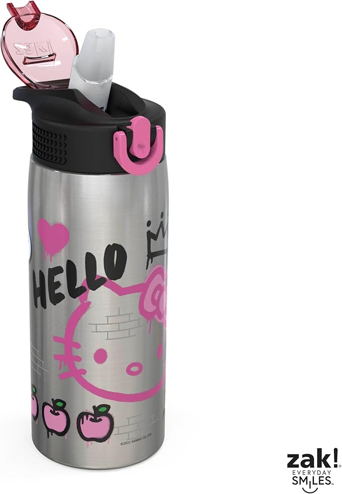 Zak Designs Sanrio Water Bottle for Travel and At Home, 19 oz Vacuum Insulated Stainless Steel with Locking Spout Cover, Built-In Carrying Loop, Leak-Proof Design (Hello Kitty)