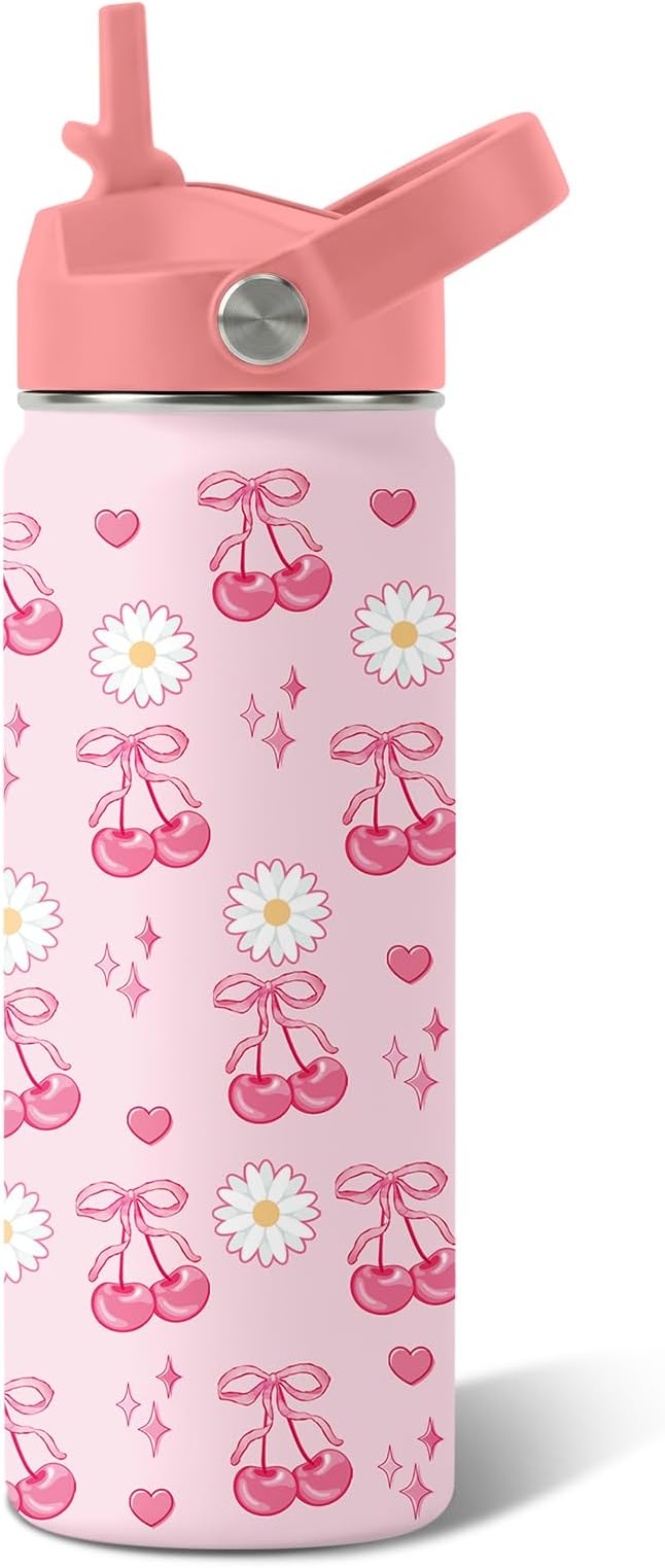 Cherry Gifts for Girls - 18oz Pink Water Bottle with Straw Lid, Stainless Steel Insulated Tumbler, Leakproof, BPA-Free, for Women, Travel - Cherry Lovers Birthday Gift Cup (1pc)