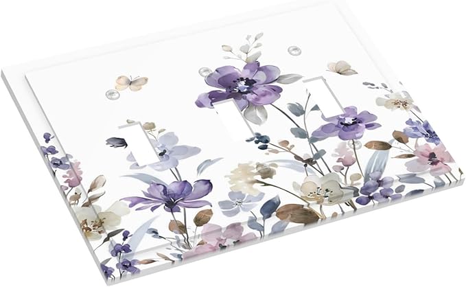 Purple Watercolor Flower Floral Butterfly Decorative Switch Plates 3 Gang Wall Plate Triple Toggle Light Switch Cover Faceplate Electrical Wall Panels for Bedroom Living Room Decor
