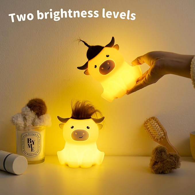 Cute Highland Cow Night Light, LED Squishy Night Lamp, 2 Levels Dimmable Timer Nursery Nightlight for Kids, Rechargeable Touch Lamp, Dorm Decor, Kids Funny Gifts (Highland Cow)