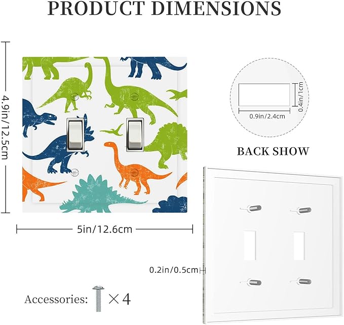 Colorful Dinosaur Double Toggle Switch Cover - 2-Gang Standard US Size Playful Dino Friends Light Switch Covers for Teen Boys Bedroom Playroom Decor