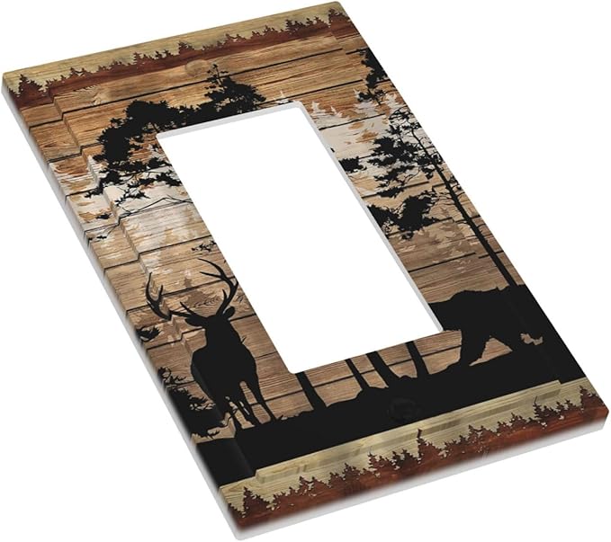 Rustic Mountain Forest Antler Elk Bear Deer Silhouettes Woodland Hunting Animals 1 Gang Electrical Single Decorator/GFCI Device Wall Plate Decorative Electric Rocker Light Switch Outlet Cover Dimmer