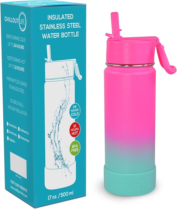 CHILLOUT LIFE 17 oz Kids Insulated Water Bottle for School with Straw Lid Leakproof and Cute Waterproof Stickers, Personalized Stainless Steel Thermos Flask Metal Water Bottle for Girls & Boys