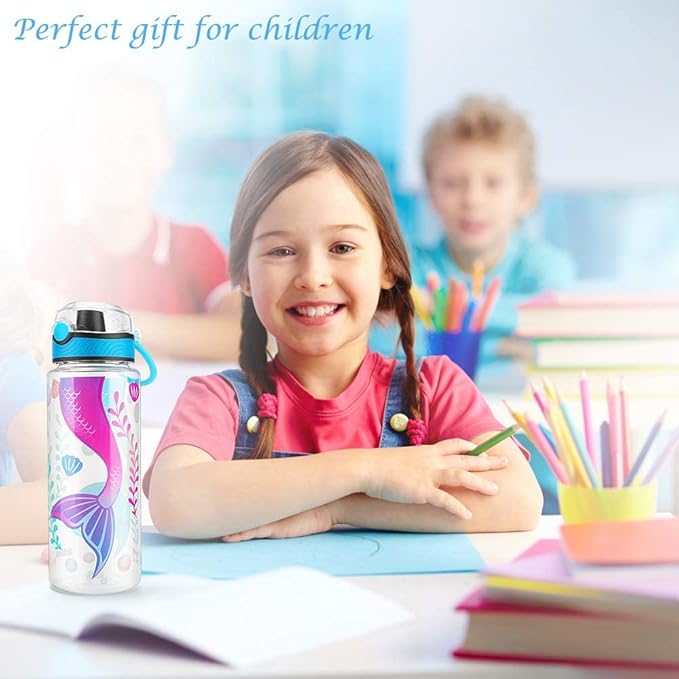 Home Tune Cute Water Bottle for School Kids Girls, BPA FREE Tritan & Leak Proof & Easy Clean & Carry Handle, 23oz/ 680ml - Mermaid