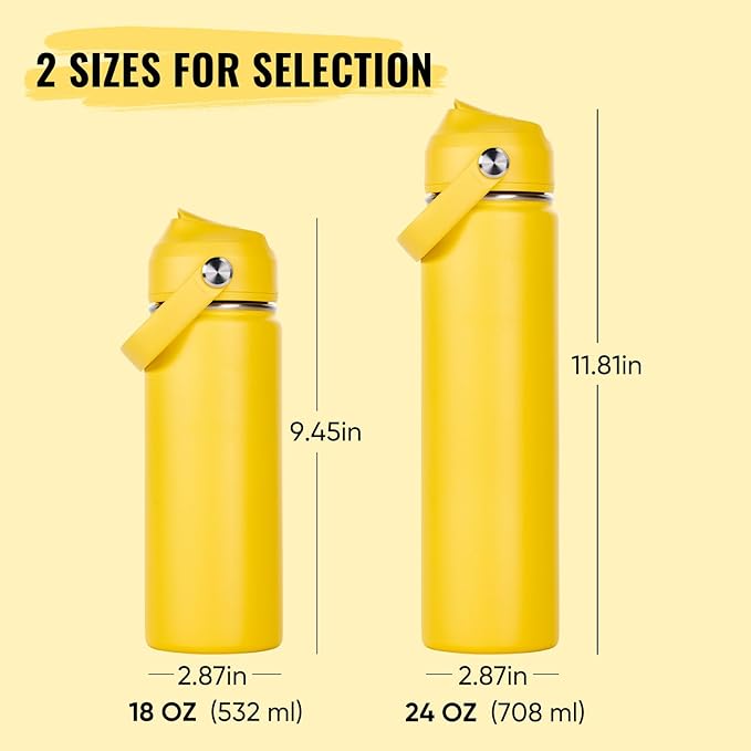 Fijinhom 24oz Insulated Stainless Steel Water Bottle, Wide Mouth Double Wall Vacuum, Silicone Straw, Sweat & Leak Proof, BPA Free Insulated Water Flask for Travel, Keep Cold 24h Hot 12h, Yellow