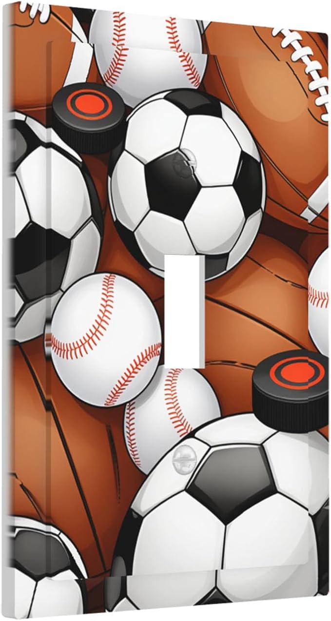 All-Star Sports Balls Collage 1-Gang Toggle Light Switch Plate, Football Baseball Soccer Game Day Themed Decorative Wall Plate for Boy's Bedroom