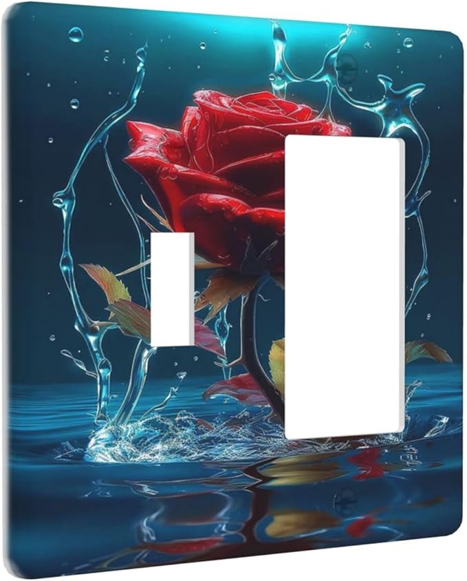 Red Rose Blue Water Drips 2 Gang Single Toggle Rocker Combination Light Switch Cover Decorative Wall Plate Cover Electrical Faceplate for Kidroom Bathroom Bedroom Kitchen Decorate