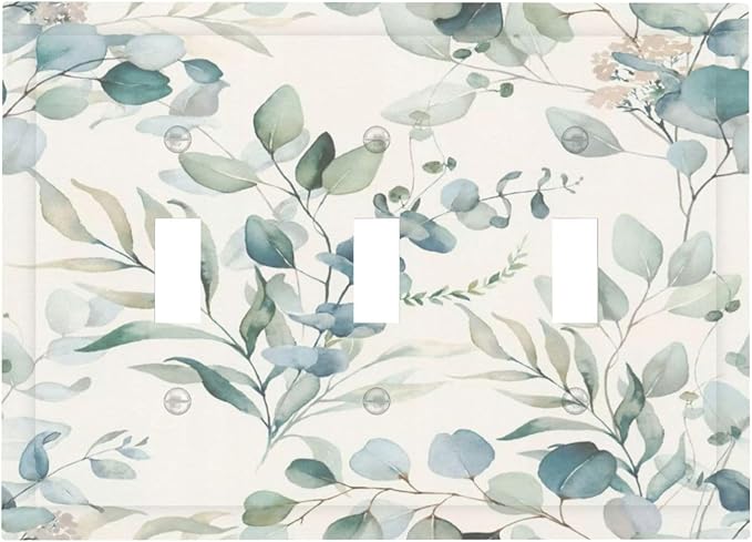 Boho Green White Eucalyptus Leaf Floral Decorative Switch Plates 3 Gang Wall Plate Triple Toggle Light Switch Cover Faceplate Electrical Wall Panels for Farmhouse Living Room Decor