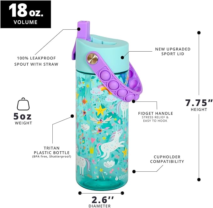 Elemental Leak Proof Water Bottles for Kids - Splash Kids Water Bottle for School with Pop-it Handle - Tritan Plastic Water Bottle with Straw - Unicorn & Rose - 18oz (2 Pack)