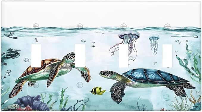 Sea Turtles Sea Coral Seaweed Ocean Jellyfish Light Switch Covers Quad Toggle Electrical Faceplate 4 Gang Wall Plate Decorative Switch Plates for Kids Room Bathroom Decor