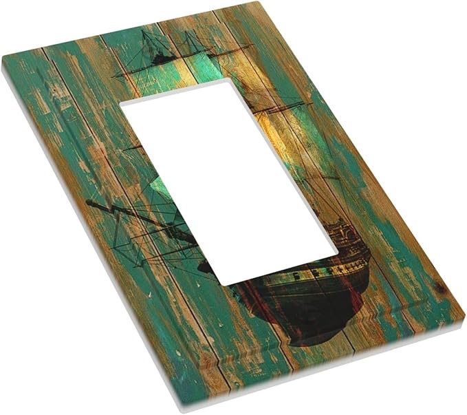 Decorative Outlet Covers Rustic Green Wood Grain Sailboat 1 Gang Single Rocker Light Switch Cover Plate Wall Plates GFCI Faceplate for Farmhouse Bedroom Decor