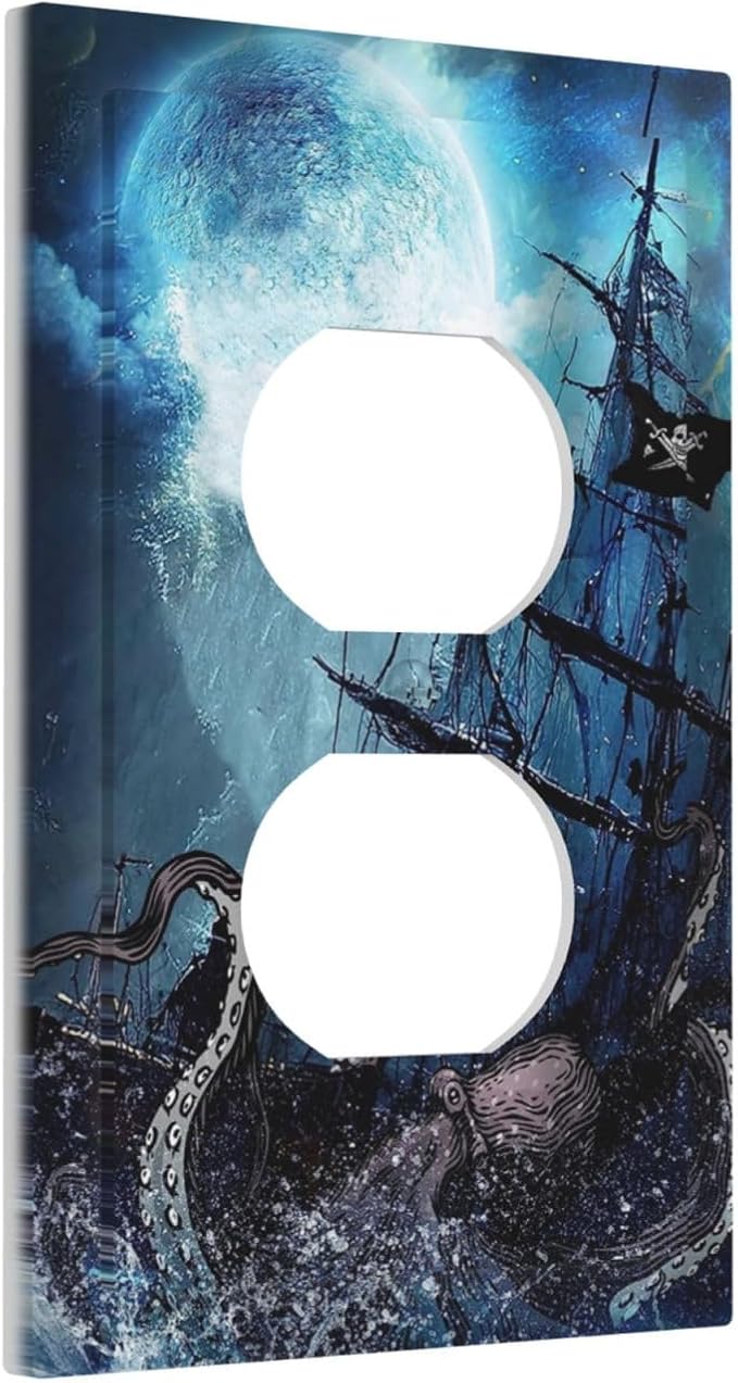 Moon Ocean Nautical Octopus 1 Gang Outlet Plate Covers Decorative Single Duplex Wall Plate Electrical Receptacle Light Switch Cover Electric Switchplate Country Decor