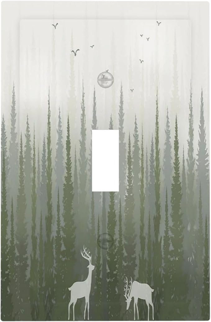 Green Pine Tree Deer Country forest Bird Nature Mist Decorative Light Switch Cover 1 Gang Single Toggle Device Electrical Faceplate Switchplates Decorator Outlet Wall Plate for Bedroom Home Decor