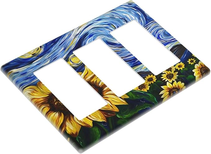 Vintage Abstract Blue Starry Sunflower 3 Gang Rocker Light Switch Covers Triple Outlet Wall Plate Decorative Switchplate Cover Faceplate GFCI for Farmhouse Country Bedroom Decor