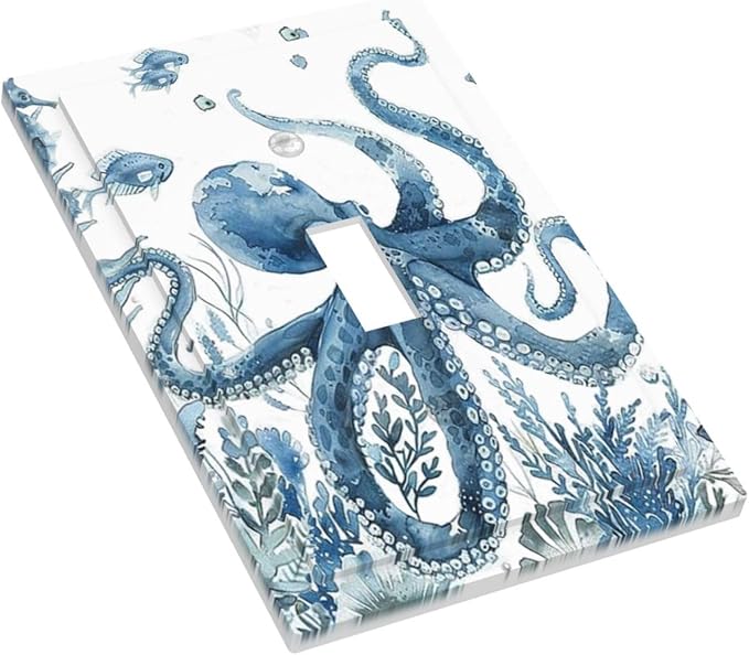 Blue Octopus Squid Seahorse Coral Watercolor Wild Sealife Decorative Light Switch Cover 1 Gang Single Toggle Device Electrical Faceplate Switchplates Decorator Outlet Wall Plate for Bathroom Kids Room