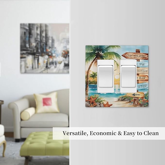 Tropical Beach Palm Tree Summer Coastal Ocean Sunset Decorative Outlet Covers 2 Gang Double GFCI Rocker Electrical Wall Panels Light Switch Cover Plate for Bedroom Living Room Decor