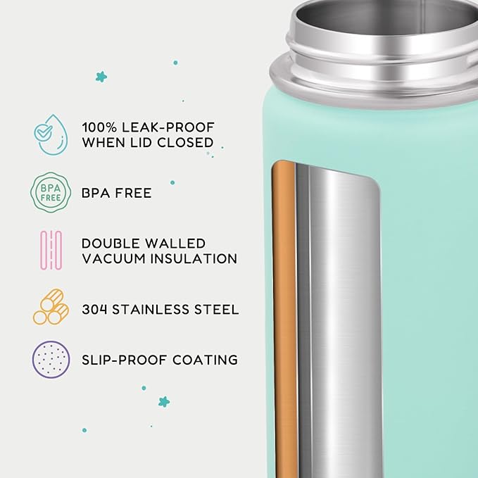 Fijinhom 12oz Kids Water Bottle for School, Toddler Bottles with Straws, Stainless Steel Vacuum Insulated Water Bottle for Boys&Girls, Leak-Proof, BPA-Free, Serenity