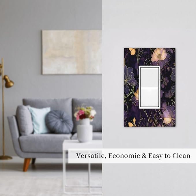 Modern Boho Vintage Gold Purple Dark Floral Modern Abstract Flowers Decorative Outlet Covers 1 Gang Single Rocker Wall Plates Gfci Faceplate Light Switch Cover Plate for Bedroom Living Room
