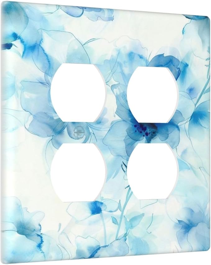 Watercolor Flower Blue White Large Floral Leaf Plants Outlet Covers 2 Gang Double Duplex Decorative Light Switch Covers Electrical Wallplates Socket Faceplate for Bedroom Living Room Decor