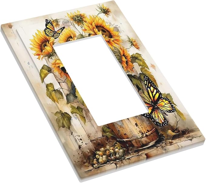 Decorative Outlet Covers Rustic Vintage Sunflower Bouquet Butterfly 1 Gang Single Rocker Light Switch Cover Plate Wall Plates GFCI Faceplate for Farmhouse Cabin Decor