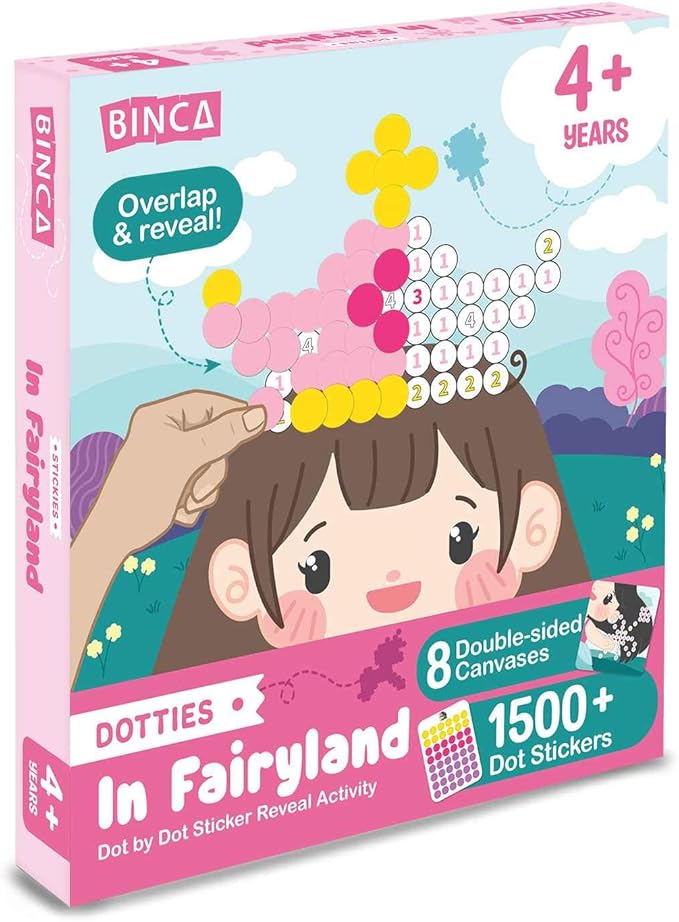 BINCA Dotties Dot Art Activity Kit, 1500+ Stickers, 8 Unicorns & Princesses Mess-Free Activities, DIY Dot Sticker Art, Kids Travel Activities, Gifts for Girls Ages 4,5,6,7