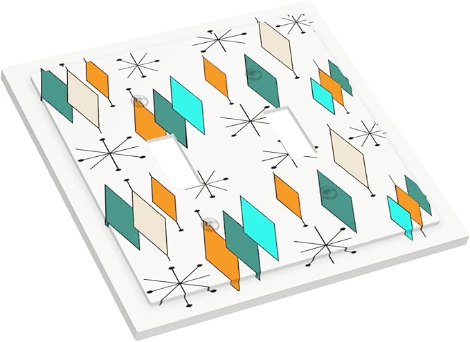 70s 60S Abstract Boho Geometric Light Switch Plate Cover 2-Gang Mid Century Blue/Green/Teal Retro Art Stars Atomic Double Toggle Wall Plate Decorative Dual Device Outlet Wallplate Faceplate Cover