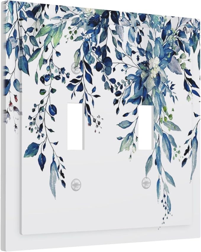 Blue Eucalyptus Watercolor Leaves Double Toggle Light Switch Cover Decorative Green Plant 2 Gang Wall Plate Electrical Faceplate Switchplate for Kidroom Bathroom Bedroom Living Room Decor