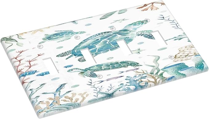 Sea Turtle Ocean Starfish Fish Coral Pearl Light Switch Covers Quad Toggle Electrical Faceplate 4 Gang Wall Plate Decorative Switch Plates for Bathroom Kids Room Decor