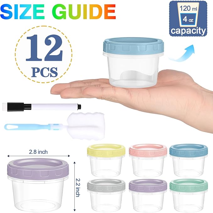 Yomarket 12pcs 4 oz Plastic Containers with Screw Lids, Reusable 1/2 Cup Small Food Storage Containers, Leakproof, Microwave Dishwasher Freezer Safe, with Pen and Brush