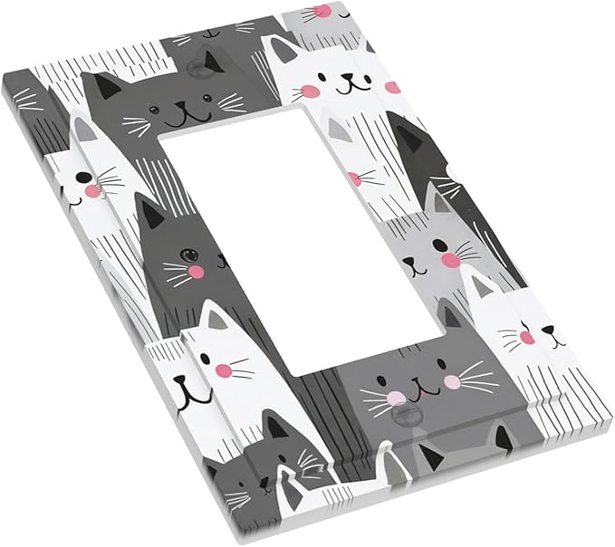 Playful Monochrome Cats with Blush Cheeks Single Rocker Switch Cover - 1-Gang Standard US Size Funny Cat Light Switch Covers for Boys & Girls Bedroom Decor