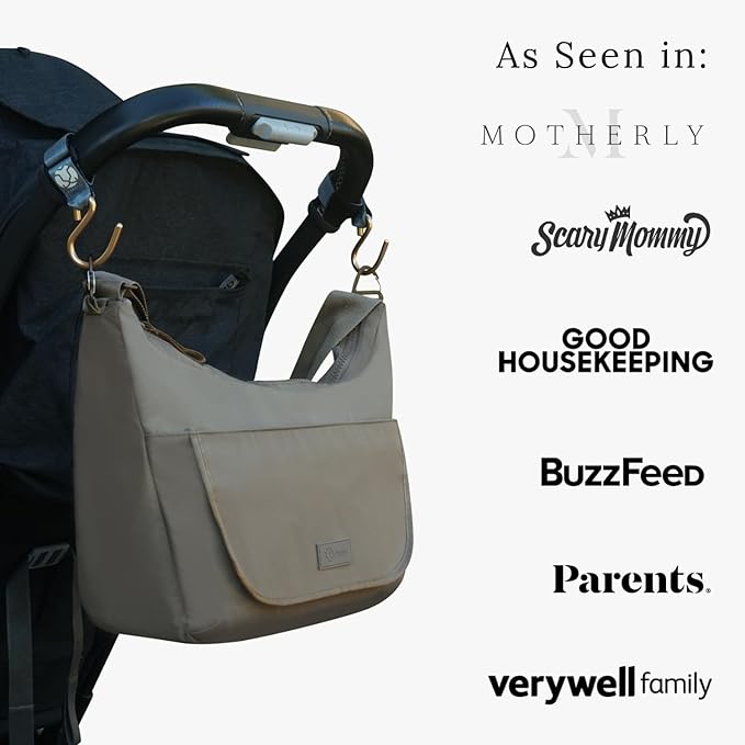 Huhu Essential Stroller Hooks - Lightweight Aluminum Stroller Bag Hook with Adjustable Straps, Matte Gold S-Hooks for Diaper Bag, Shopping, Everyday Essentials – Universal Fit Baby Stroller Accessory