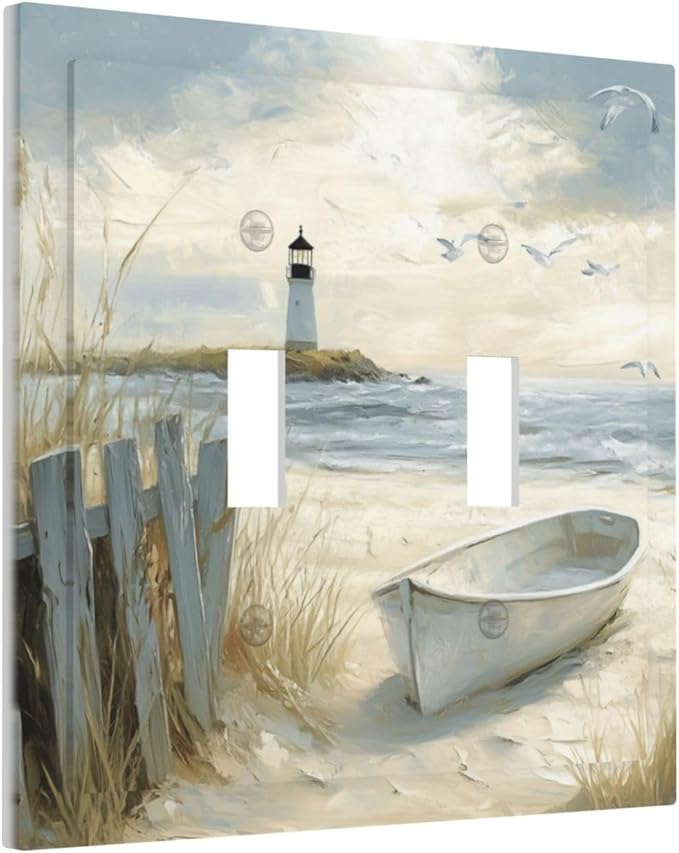 Sea Beach 2 Gang Light Switch Cover Old Ship Reed Lighthouse Seascape Double Toggle Wall Plate Decorative Electrical Switchplate Covers for Country Bedroom Kitchen Living Room Decor