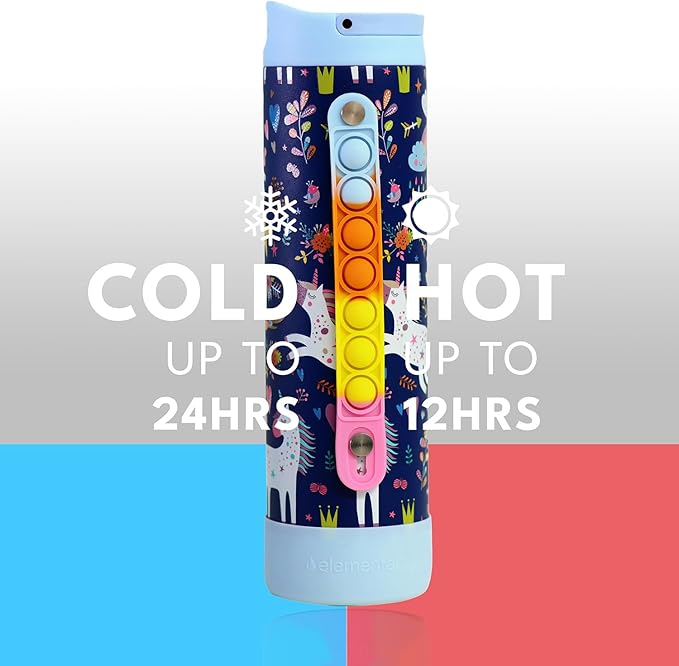 Elemental Iconic Kids Water Bottle for School - 100% Leak-Proof Insulated Water Bottles with Straw Lid & Pop-It Handle for Boys & Girls - Triple-Wall Insulated & BPA-Free, 20oz – Unicorn