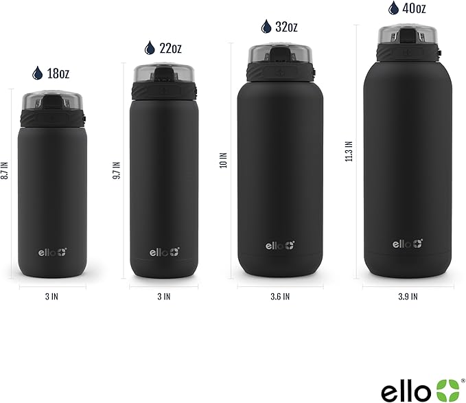 Ello Cooper 22oz Stainless Steel Water Bottle with Straw and Carry Handle, Double Walled and Vacuum Insulated Metal, Leak Proof Locking Lid with Soft Silicone Spout, Reusable, BPA Free, Black