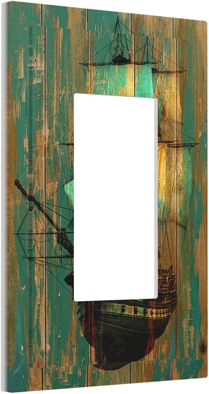 Decorative Outlet Covers Rustic Green Wood Grain Sailboat 1 Gang Single Rocker Light Switch Cover Plate Wall Plates GFCI Faceplate for Farmhouse Bedroom Decor