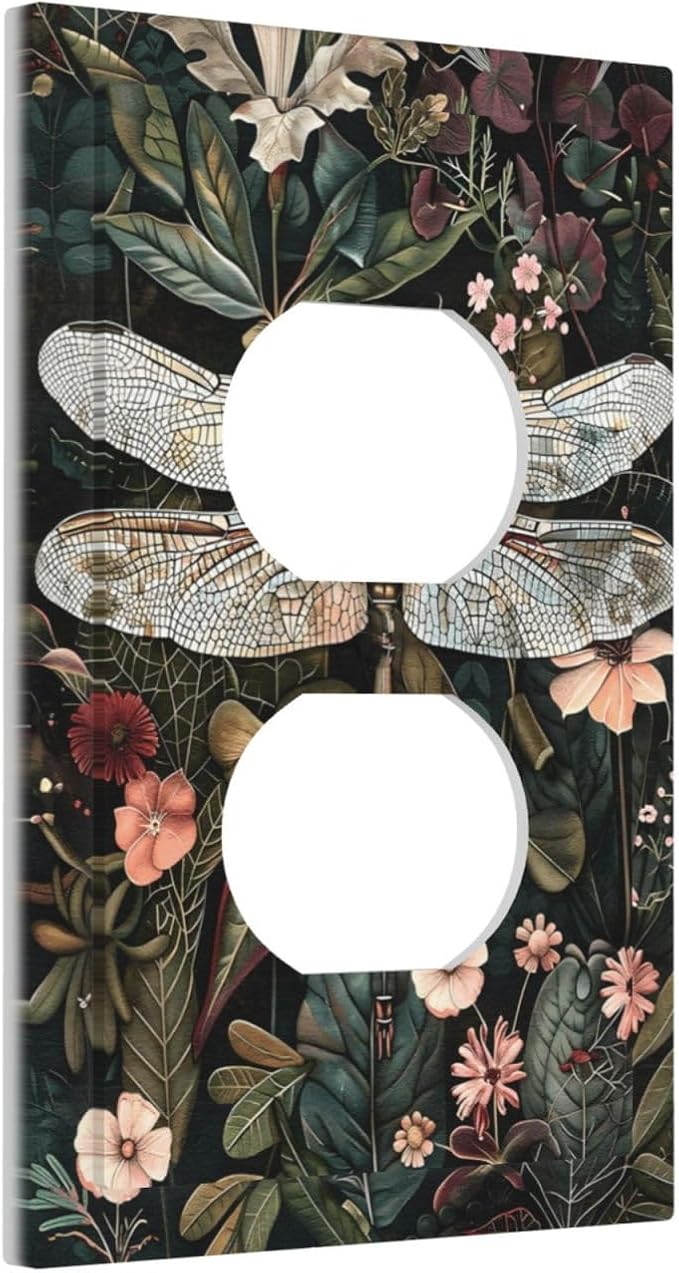 Vintage Dark Green Dragonfly Flowers Floral Botanical Outlet Covers 1 Gang Duplex Light Switch Cover Decorative Switch Plates Electrical Receptacle Faceplate Wall Plate for Farmhouse Home Decor