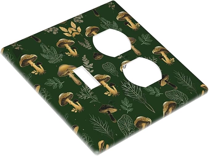 Decorative Outlet Covers Cute Gold Mushtroom Green Plant Leaf 2 Gang Light Switch Cover Plate Single Toggle Duplex Wall Plates for Electrical Outlets Switch Plate Covers for Home Decor