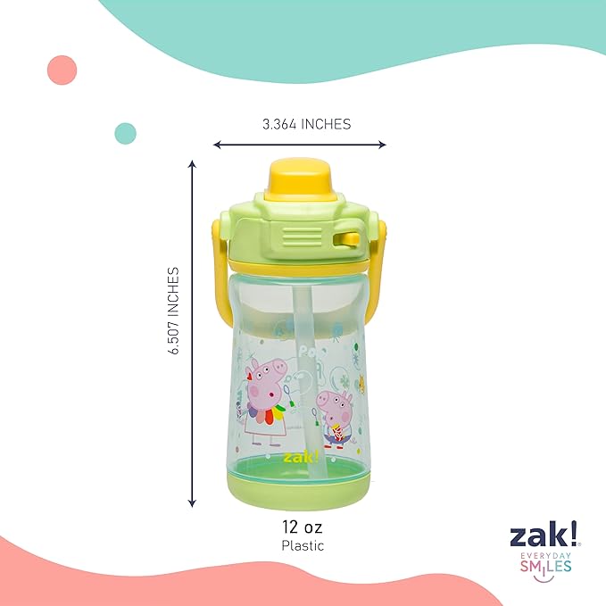 Zak Designs Peppa Pig Beacon Kid Water Bottle for Travel or At Home, 12oz Plastic is Durable and Leak-Proof with Liquid Lock Spout, Cover, Carry Handle, Protective Base (Peppa, George)