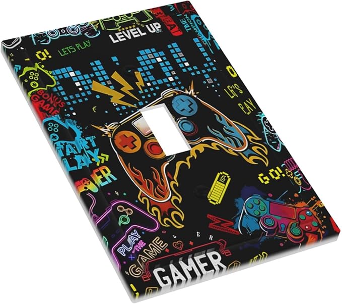 Gamer Video Game Themed Cool Controller Print Decorative Light Switch Cover 1 Gang Single Toggle Device Electrical Faceplate Switchplates Decorator Outlet Wall Plate for Kids Room Office Decor