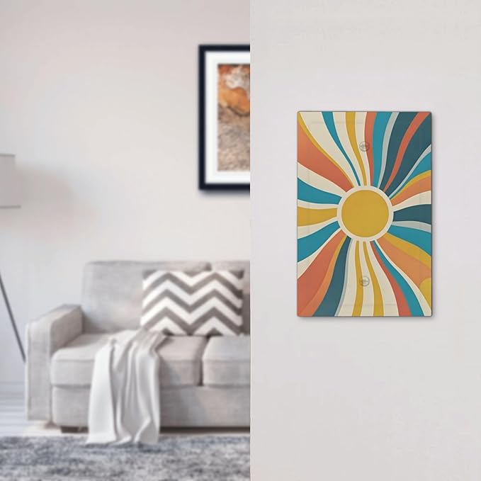 Decorative Blank Wall Plate with Retro Mid-Century Modern Sunburst Motif Design Single Gang No Device Outlet Covers 1 Gang Light Switch Covers for Abstract Teal/Yellow/Orange Wall Decor