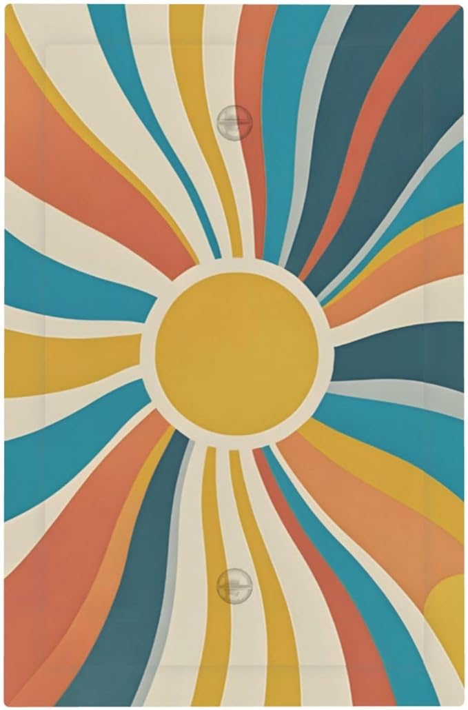Decorative Blank Wall Plate with Retro Mid-Century Modern Sunburst Motif Design Single Gang No Device Outlet Covers 1 Gang Light Switch Covers for Abstract Teal/Yellow/Orange Wall Decor
