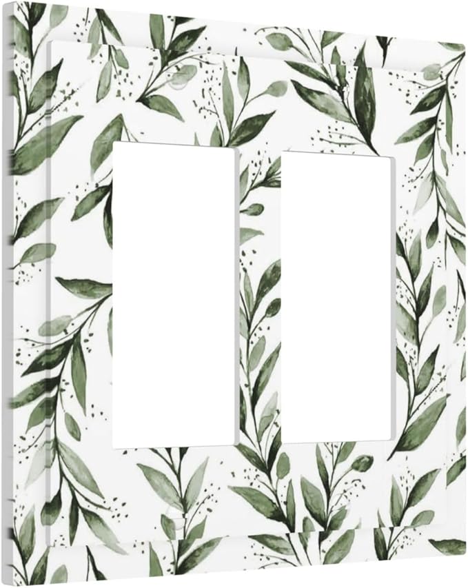 Green Leaf Olive Leaf Sage Floral Decorative Outlet Covers 2 Gang Double GFCI Rocker Electrical Wall Panels Light Switch Cover Plate for Bedroom Living Room Decor